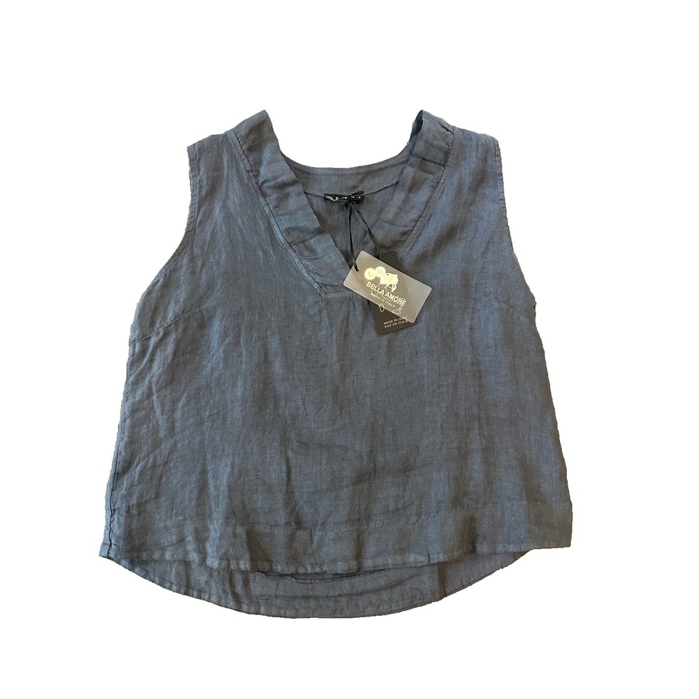 Bella Amore Italy 100% Linen Womens Blue Tank Top XL Lagenlook European NWT